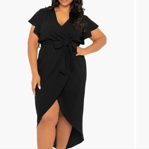 Buxom Couture Asymmetrical Ruffle Black Midi Dress